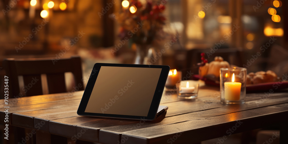 Digital tablet rests on a cafe table, amidst a cozy ambiance Digital tablet rests on a cafe table, amidst a cozy ambiance