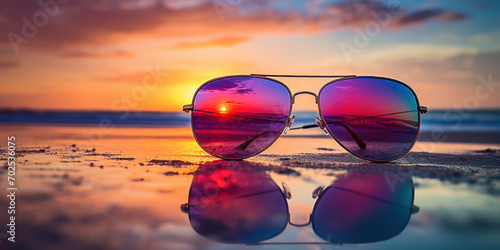 Pair of reflective sunglasses capturing the pink and blue hues of a tropical paradise photo