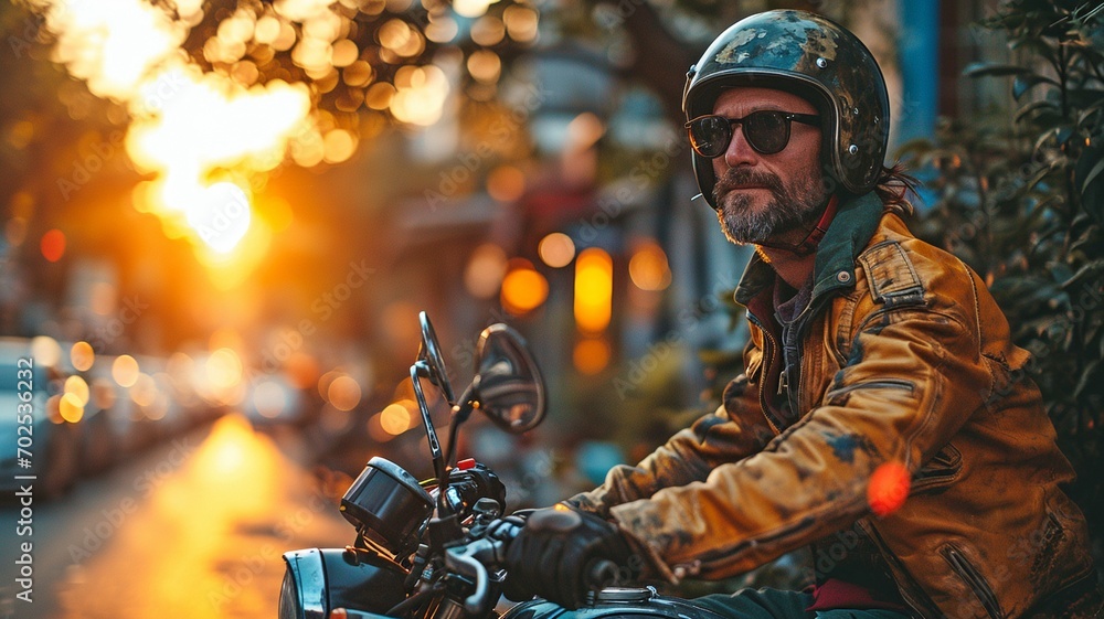 A grown man riding a moped in the city. A grown man riding a moped in the city.