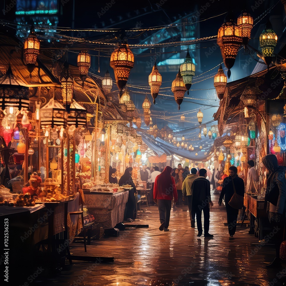 Market Atmosphere In The Month of Ramadan With Lanterns, Generative AI
