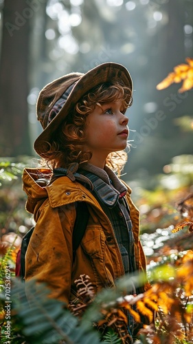 A young person observing the forest and its creatures through binoculars.