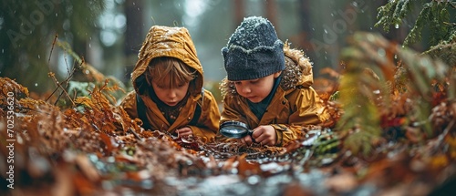 Children examining in the woodland via a magnifying glass.
