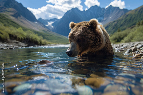 A grizzly bear fishing in a crystal-clear mountain stream © Veniamin Kraskov