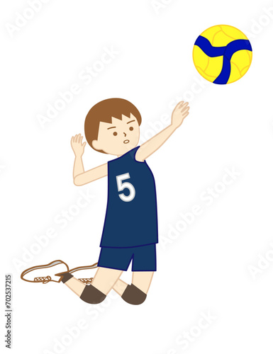 バレーボールの試合で全身を使って左手でアタックをする女の子(右向き)