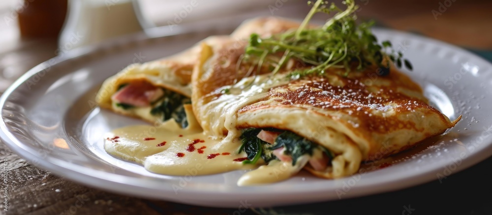 Stuffed thin pancakes for Pancake Week with chicken ham, cheese, sauce, and greens.