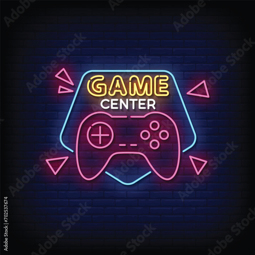 Neon Sign game center with brick wall background vector