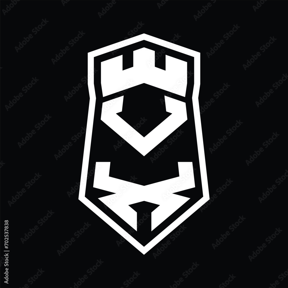 VX Letter Logo monogram hexagon shield shape up and down with crown castle isolated style design VX Letter Logo monogram hexagon shield shape up and down with crown castle isolated style design