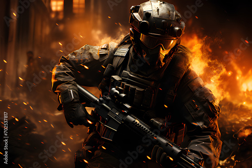 Super Soldier in the middle of a war at night generative AI