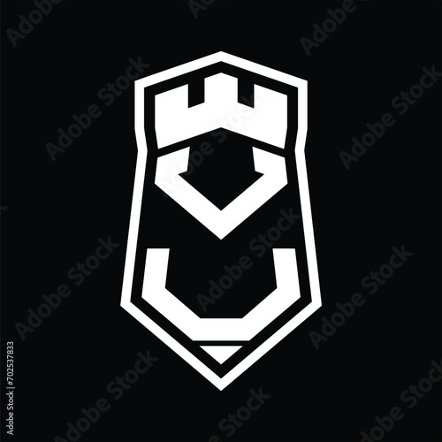 VU Letter Logo monogram hexagon shield shape up and down with crown castle isolated style design