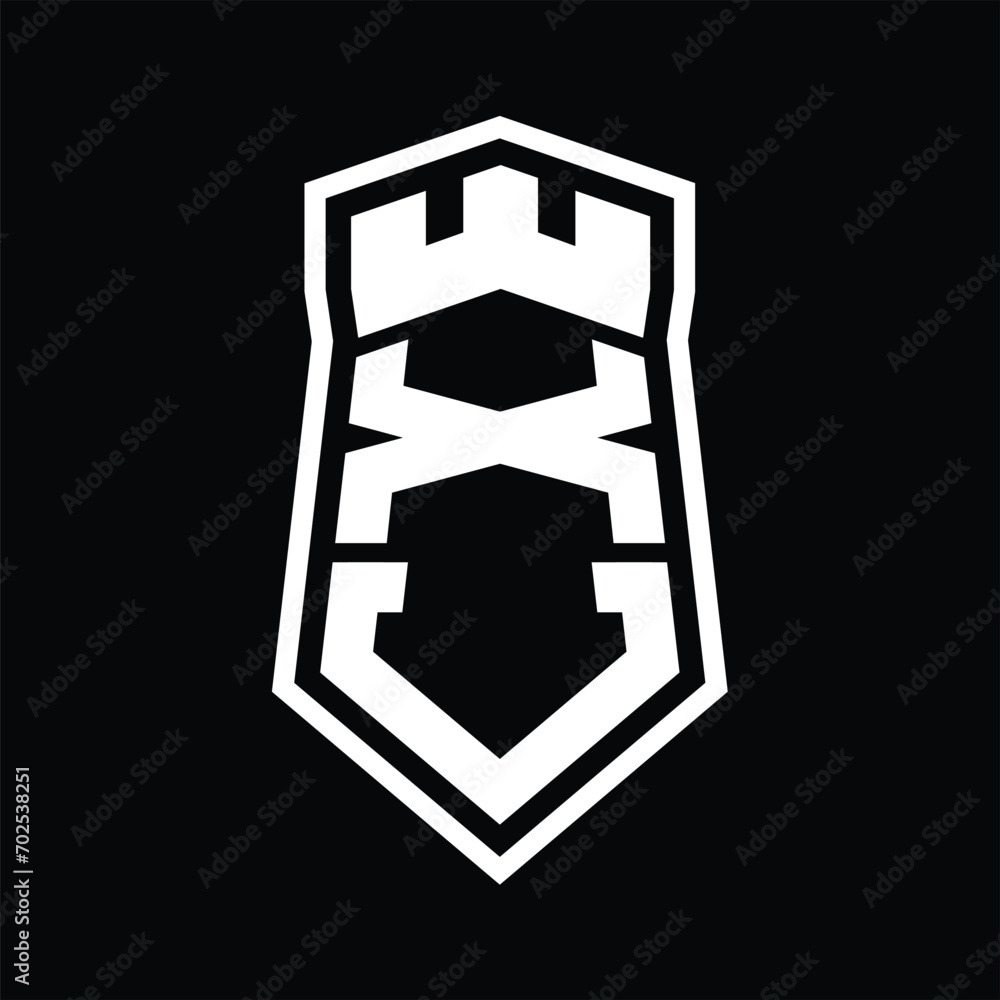 XV Letter Logo monogram hexagon shield shape up and down with crown castle isolated style design XV Letter Logo monogram hexagon shield shape up and down with crown castle isolated style design