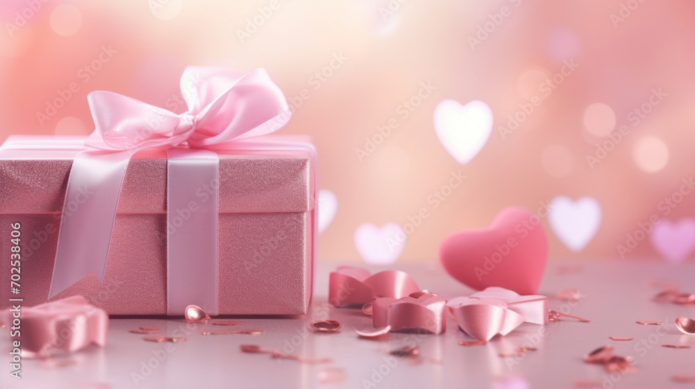 Soft pink gift box tied with a ribbon, surrounded by hearts and tender backdrop.