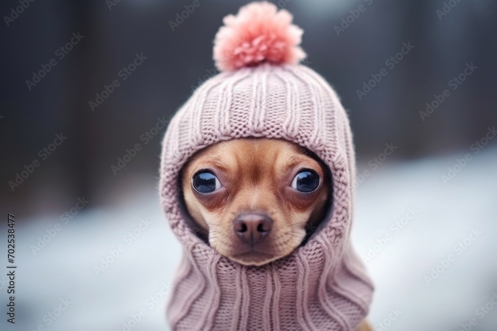 Adorable dog wearing a pink knit hat with a pompom in a snowy winter setting.
