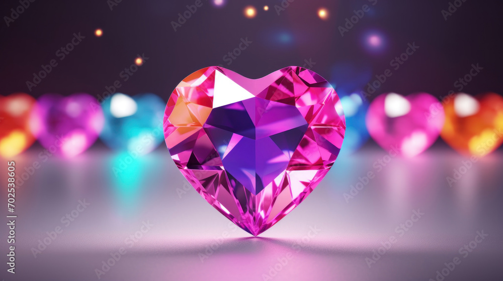Close-up of a captivating heart diamond against a backdrop of colorful bokeh lights. Close-up of a captivating heart diamond against a backdrop of colorful bokeh lights.