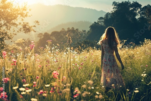 A meadow with flowers and soft sunlight shining down. There is a woman with blonde hair in the center of the picture. The background is mountains. Relaxing atmosphere