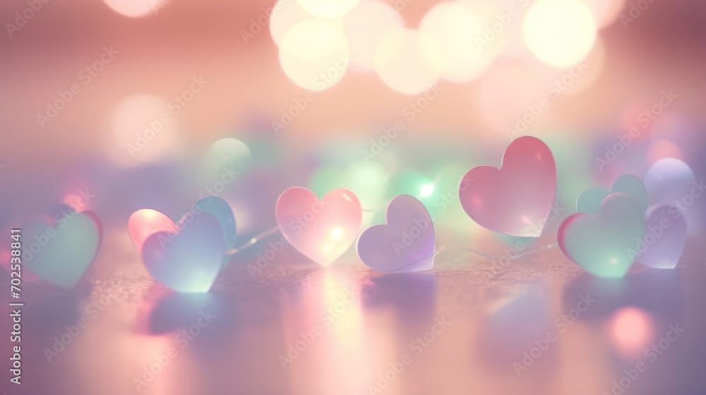 Heart-shaped bokeh lights softly illuminate a pastel background, creating a romantic mood.