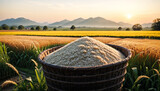 a pile of rice sitting on the basket in the rice field