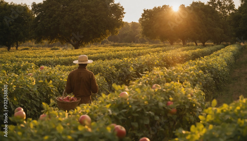a People working in Apple field garden in evening