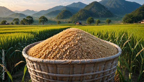 a pile of rice sitting on the basket in the rice field photo