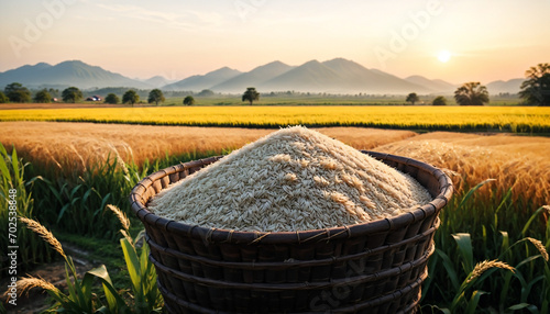 a pile of rice sitting on the basket in the rice field photo