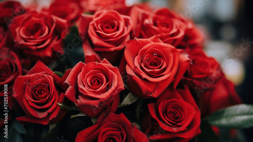 Close-up shot of a vibrant bouquet of red roses with intricate petal details  symbolizing love and passion.