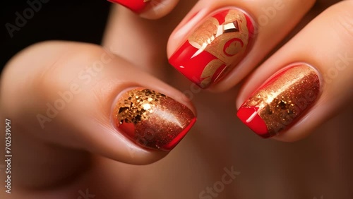 A closeup of a glittery red and gold nail design, with intricate red heart designs and sparkling accents for a gl and eyecatching look. photo