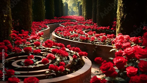 The path of the labyrinth is lined with lush red roses, hinting at the passion and intensity that often accompany the search for true love. photo