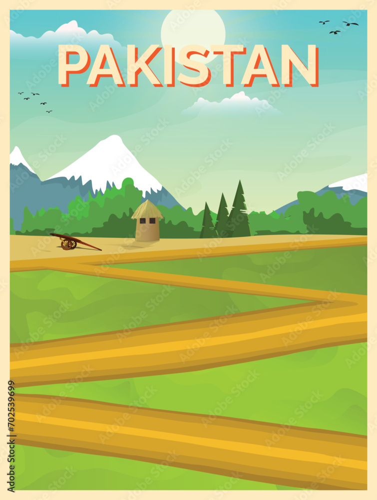 Naklejka premium Vector illustration of countryside pakistan village cartoon background poster, card, template of green meadows and surrounded by trees and mountains
