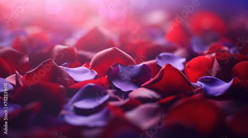 Close-up of scattered red and purple rose petals with a dreamy purple bokeh effect in the background, conveying romance and elegance. photo