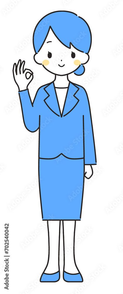 青色｜OKマークのスーツの女性｜全身