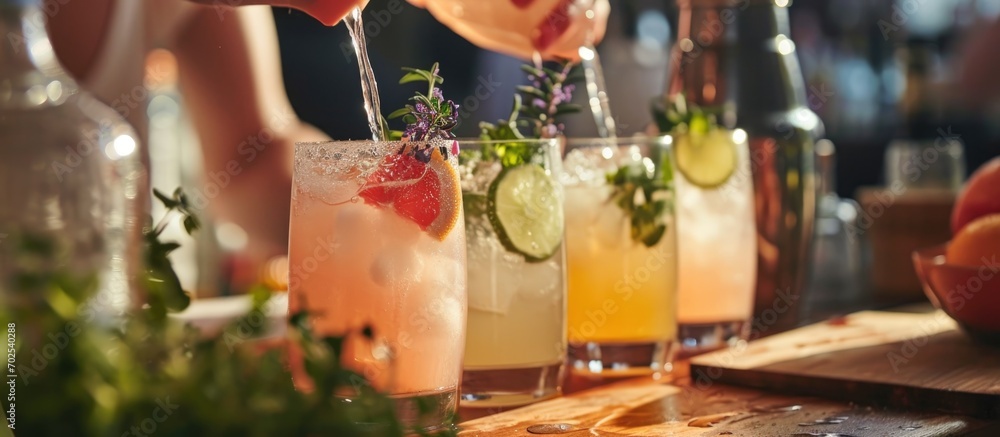 Mixologist at home prepares summer refreshing hard seltzer cocktails, following phone tutorial. Mixologist at home prepares summer refreshing hard seltzer cocktails, following phone tutorial.