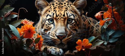 leopard lies in jungle with flowers around him.