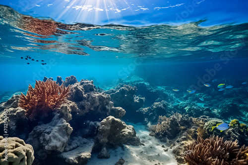 Underwater seascape with sunlight piercing through, showcasing vibrant coral reefs and tropical fish, ideal for marine life and environmental conservation concepts