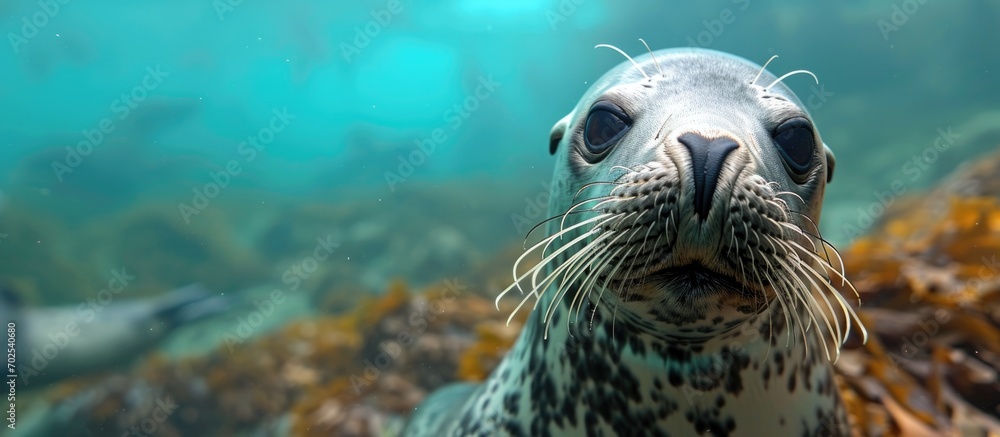 Fototapeta premium A cute seal off Southern California's Channel Islands surfaces and gazes at my camera.