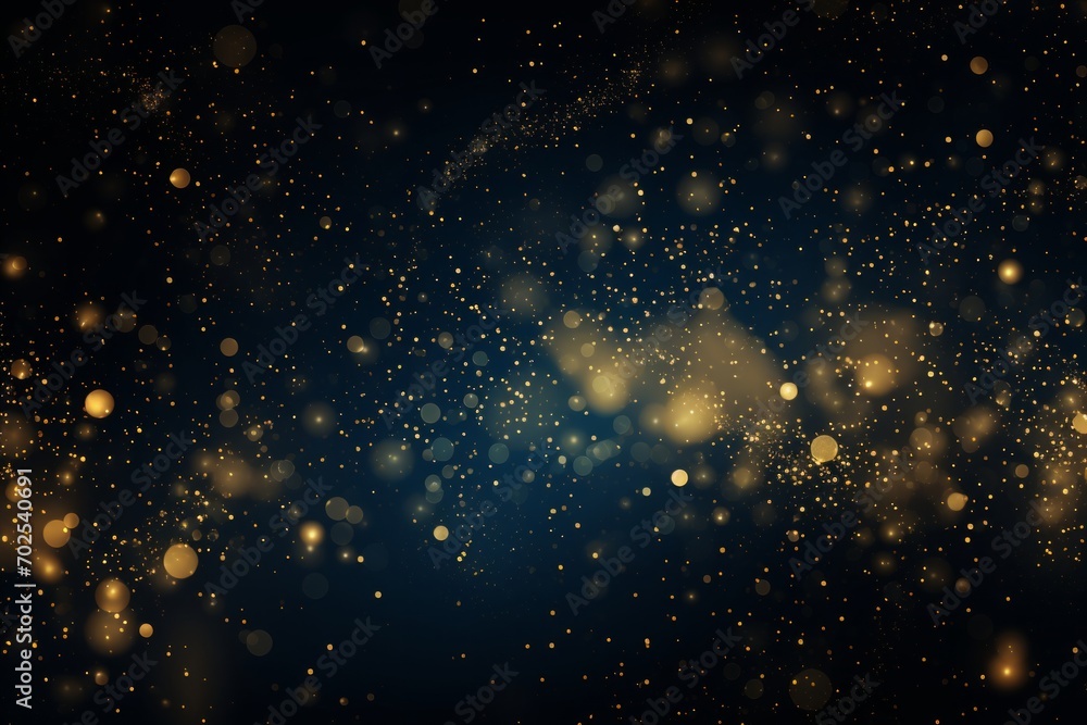 abstract blue and gold background with particles. golden dust light sparkle and star shape on dark endless space wallpaper. Christmas, new year's eve, cosmos theme. Shiny fantasy galaxy concept - obrazy, fototapety, plakaty 