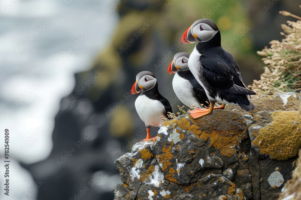 Fototapeta premium Puffin Family on the rock, Iceland.