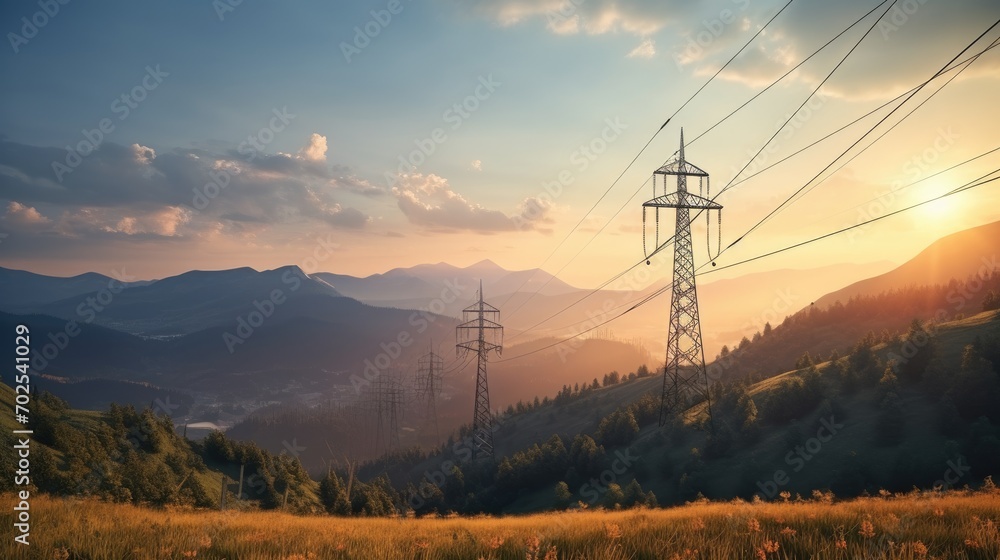 High voltage power pylon in the mountains at sunset cloudy sky mountain background.