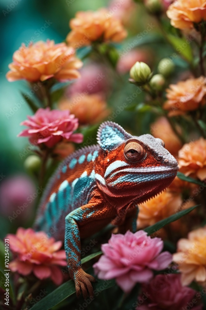 Obraz premium Chameleon on flower background, Chamaeleo calyptratus
