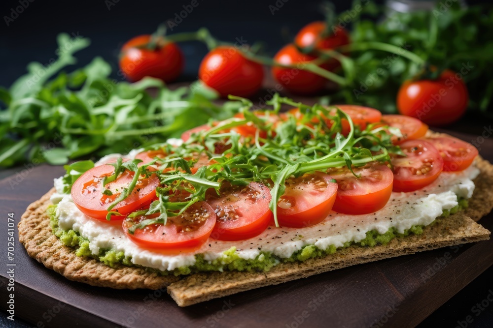 Crispbread with curd cheese, tomatoes. Delicious and healthy breakfast.