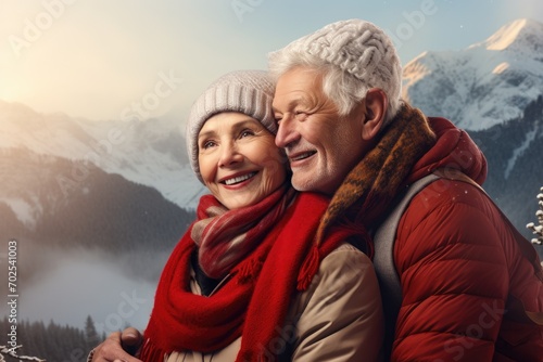 Seniors couple in winter nature.