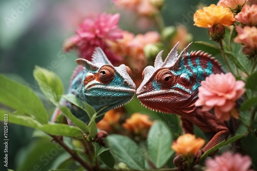 Chameleon on flower background, Chamaeleo calyptratus photo
