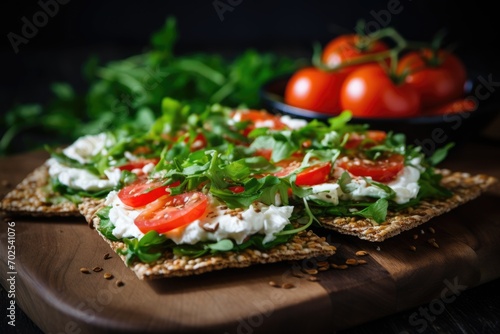 Crispbread with curd cheese, tomatoes. Delicious and healthy breakfast.
