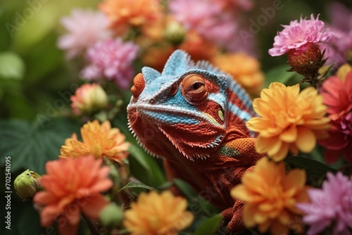 Chameleon on flower background, Chamaeleo calyptratus