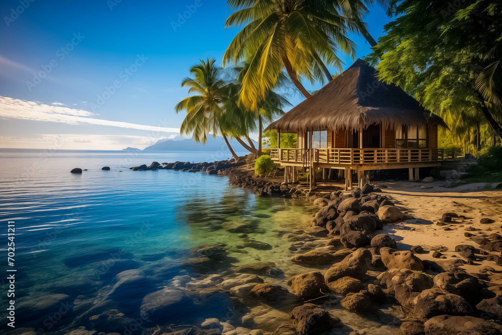 Idyllic tropical beach with a thatched hut, palm trees, and clear blue water, perfect for vacation and relaxation concepts