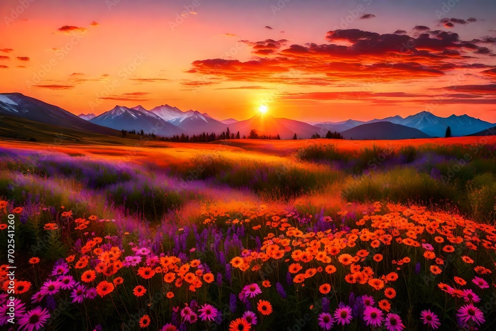 A dreamlike nature landscape with a vibrant sunrise casting warm hues on a field of wildflowers and distant mountains in full ultra HD resolution