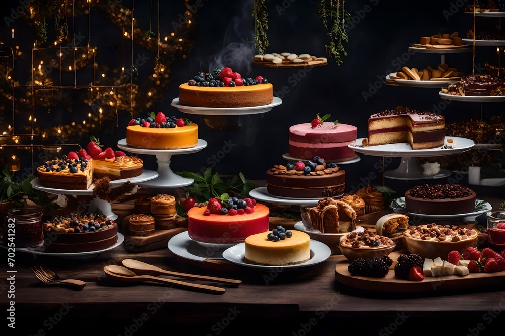 A visually stunning 4K resolution display of gourmet desserts, accentuated with post-processing effects like post-production and SFX, creating an insanely detailed and elegant composition