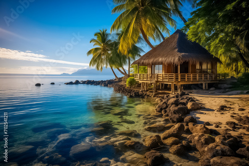 Idyllic tropical beach with a thatched hut  palm trees  and clear blue water  perfect for vacation and relaxation concepts