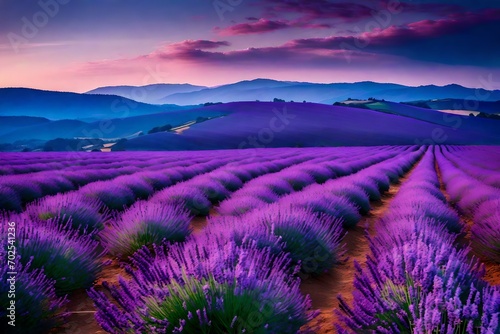 A vast lavender field under a cotton candy sky, captured in 16K ultra HD resolution with dreamlike post-processing effects