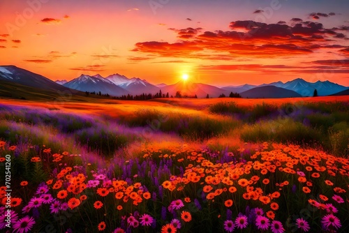 A dreamlike nature landscape with a vibrant sunrise casting warm hues on a field of wildflowers and distant mountains in full ultra HD resolution
