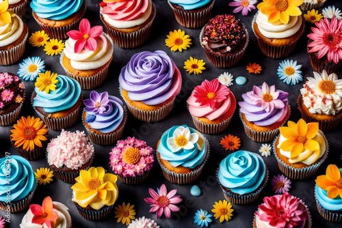 A surreal landscape of ultra-HD cupcakes adorned with edible flowers, utilizing post-processing techniques like tone mapping and CGI effects for an ambient and dreamlike portrayal  photo
