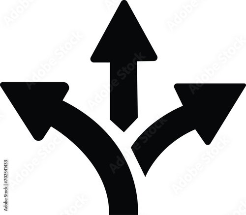 Choice between three roads icon. Three-way directional arrow. Way, road, direction, branching, arrows , Icon for design. Easily editable, pathway, opportunity, logo, split, choose, three concept,